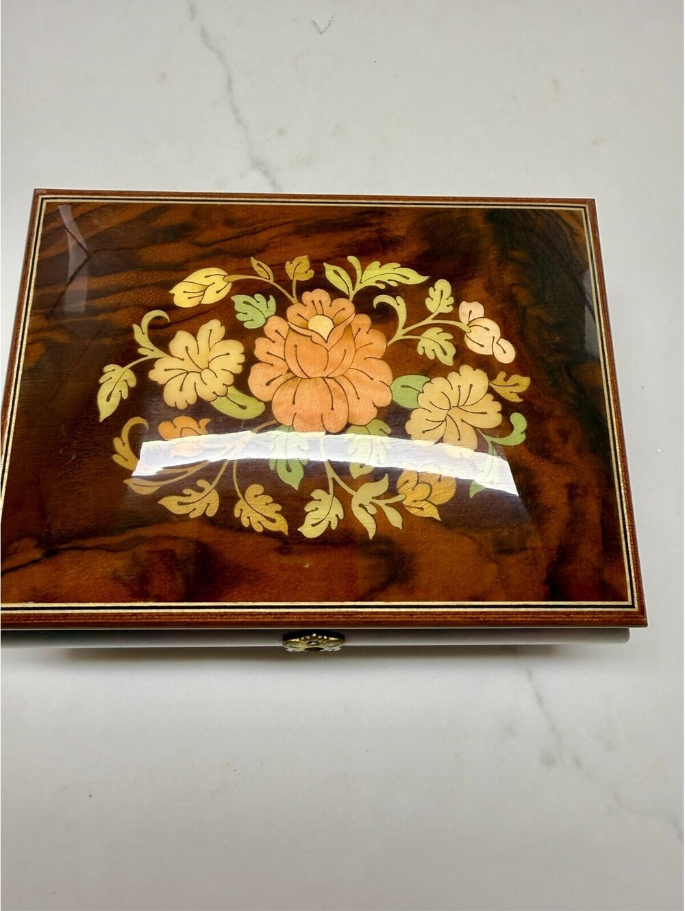 Vintage Wooden Jewelry Box with Floral Inlay and Red Velvet Interior